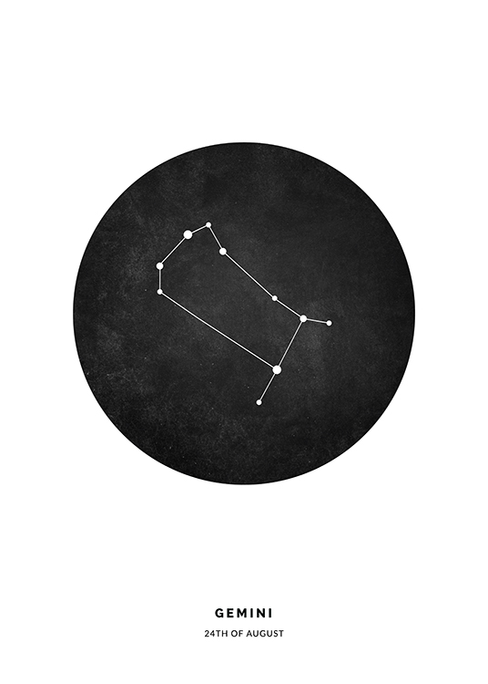  – Illustration mit dem Sternzeichen Zwillinge in einem schwarzen Kreis vor einem weißen Hintergrund