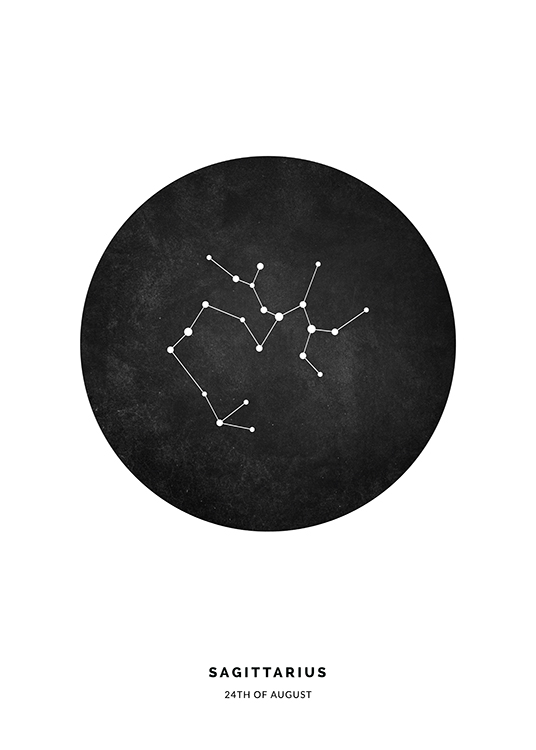  – Illustration mit dem Sternzeichen Schütze in einem schwarzen Kreis vor einem weißen Hintergrund