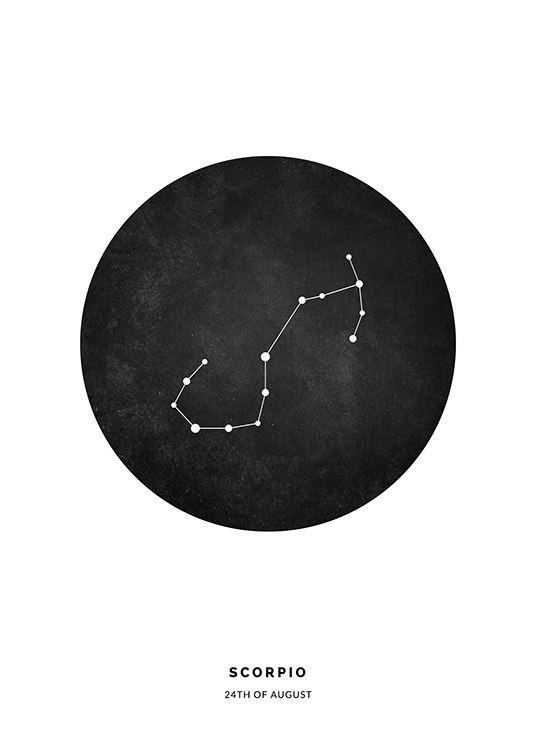  – Illustration mit dem Sternzeichen Skorpion in einem schwarzen Kreis vor einem weißen Hintergrund