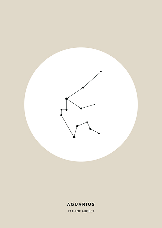  – Illustration des Sternzeichens Wassermann in Schwarz in einem weißen Kreis auf beigefarbenem Hintergrund