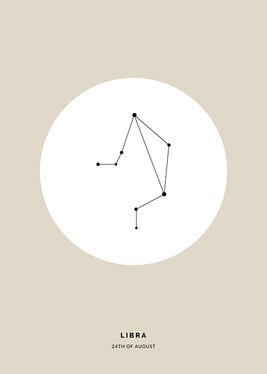  – Illustration des Sternzeichens Waage in Schwarz in einem weißen Kreis auf beigefarbenem Hintergrund
