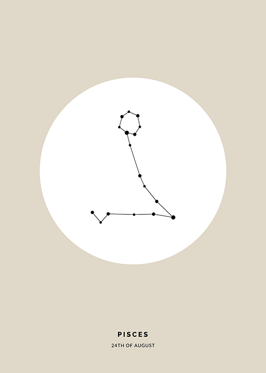  – Illustration des Sternzeichens Fische in Schwarz in einem weißen Kreis auf beigefarbenem Hintergrund