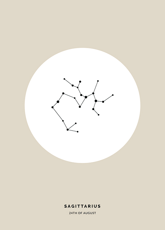  – Illustration des Sternzeichens Schütze in Schwarz in einem weißen Kreis auf beigefarbenem Hintergrund