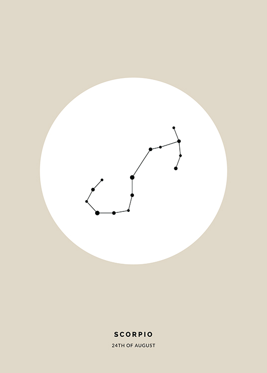  – Illustration des Sternzeichens Skorpion in Schwarz in einem weißen Kreis auf beigefarbenem Hintergrund
