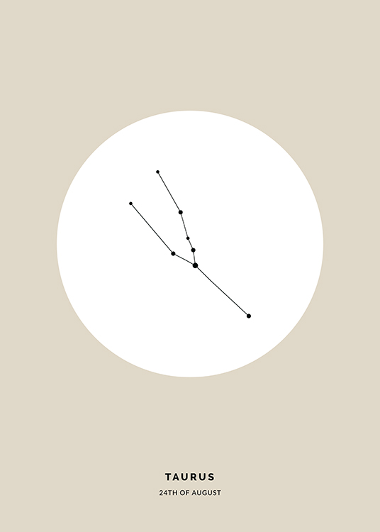  – Illustration des Sternzeichens Stier in Schwarz in einem weißen Kreis auf beigefarbenem Hintergrund