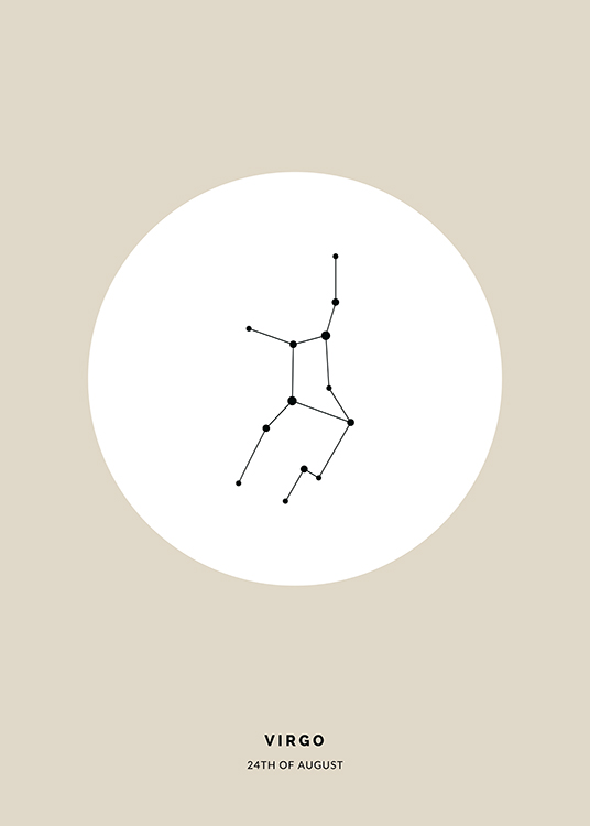  – Illustration des Sternzeichens Jungfrau in Schwarz in einem weißen Kreis auf beigefarbenem Hintergrund