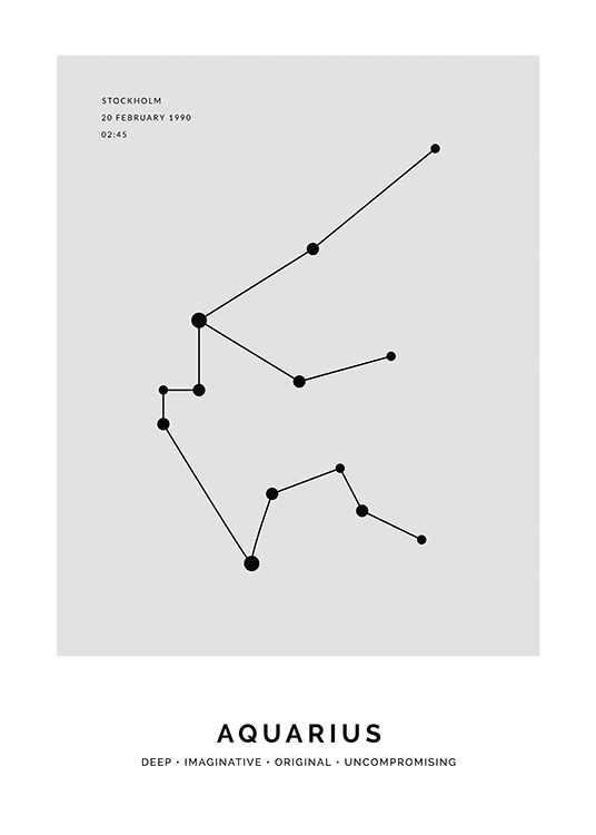  – Illustration des Sternzeichens Wassermann in Schwarz auf grauem Hintergrund mit personalisierbarem Text