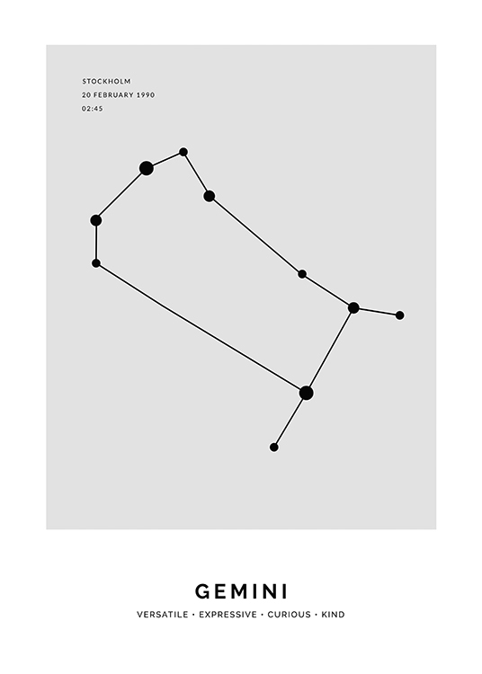  – Illustration des Sternzeichens Zwillinge in Schwarz auf grauem Hintergrund mit personalisierbarem Text
