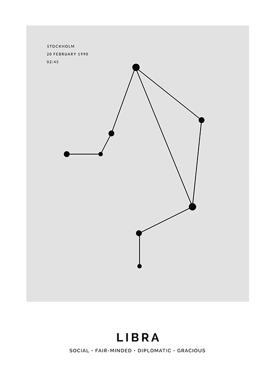  – Illustration des Sternzeichens Waage in Schwarz auf grauem Hintergrund mit personalisierbarem Text