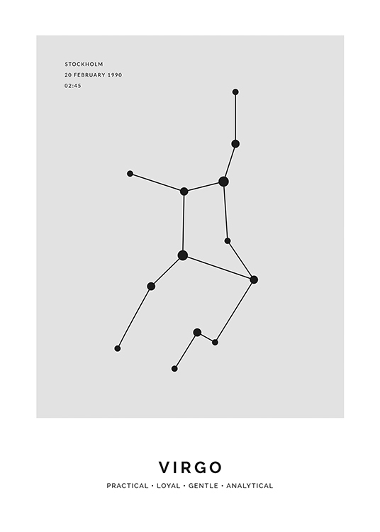  – Illustration des Sternzeichens Jungfrau in Schwarz auf grauem Hintergrund mit personalisierbarem Text