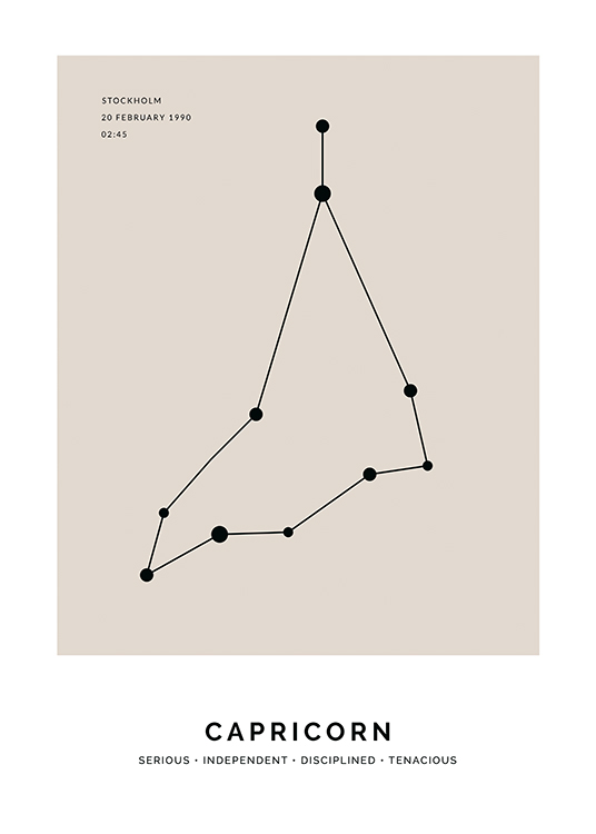  – Illustration des Sternzeichens Steinbock in Schwarz auf beigefarbenem Hintergrund