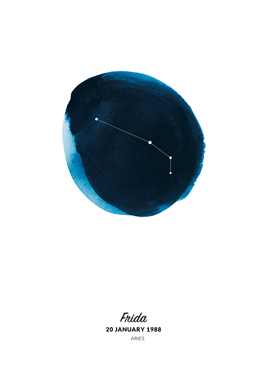  – Illustration des Sternzeichens Widder in einem Kreis in blauer Aquarellfarbe