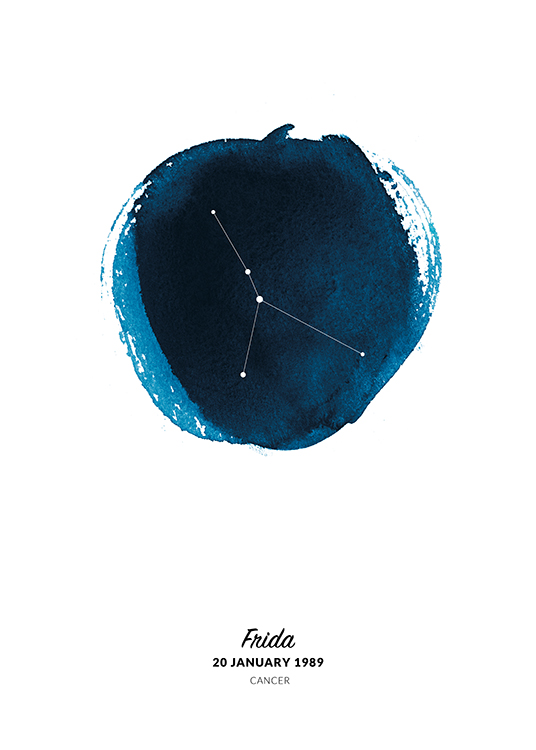  – Illustration des Sternzeichens Krebs in einem Kreis in blauer Aquarellfarbe