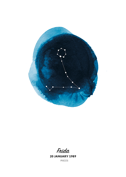  – Illustration des Sternzeichens Fische in einem Kreis in blauer Aquarellfarbe