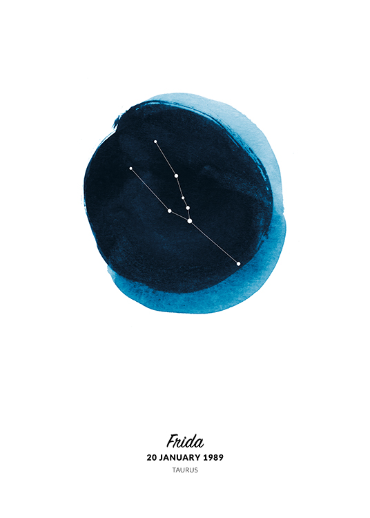  – Illustration des Sternzeichens Stier in einem Kreis in blauer Aquarellfarbe