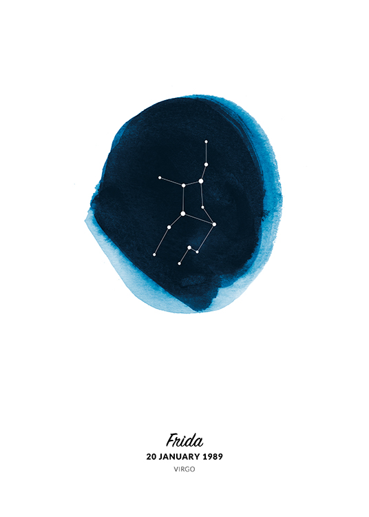  – Illustration des Sternzeichens Jungfrau in einem Kreis in blauer Aquarellfarbe