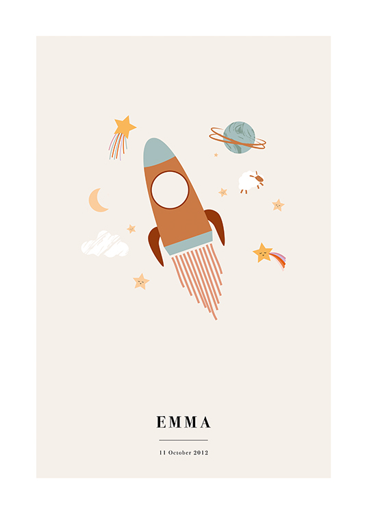  – Illustration mit Astronomie-Symbolen, die eine Rakete vor einem beigefarbenen Hintergrund umgeben