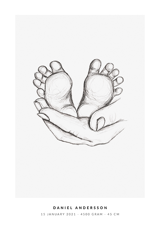  – Illustration von Babyfüßen, die von einer Hand gehalten werden