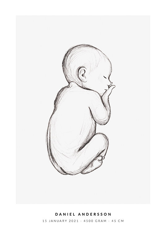  – Illustration eines kleinen Babys, das zusammengekuschelt schläft