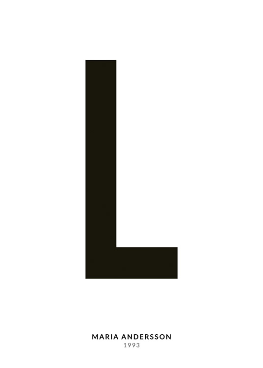 – Minimalistisches Typografieposter mit dem Buchstaben L und kleinerem Text darunter auf weißem Hintergrund