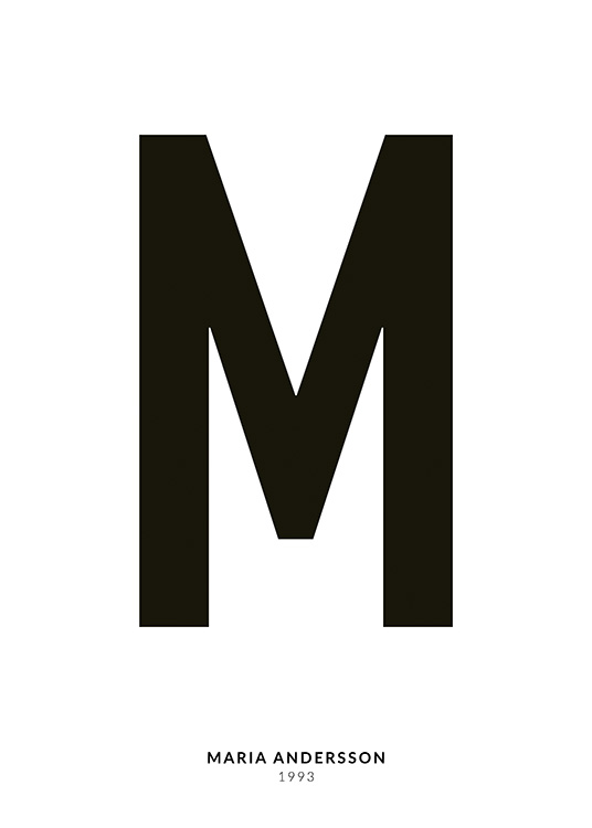 – Minimalistisches Typografieposter mit dem Buchstaben M und kleinerem Text darunter auf weißem Hintergrund