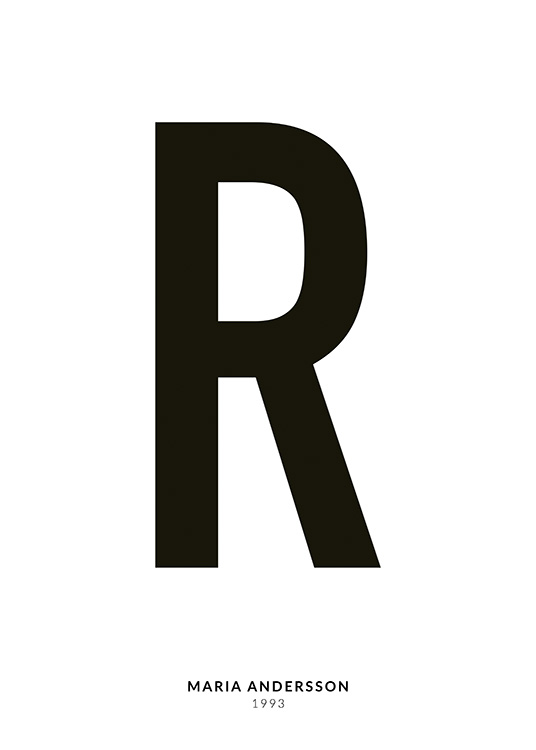 – Minimalistisches Typografieposter mit dem Buchstaben R und kleinerem Text darunter auf weißem Hintergrund