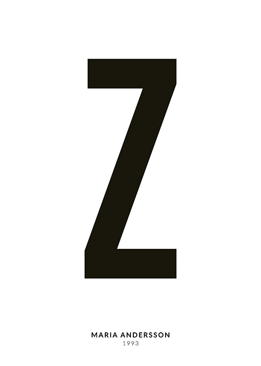 – Minimalistisches Typografieposter mit dem Buchstaben Z und kleinerem Text darunter auf weißem Hintergrund