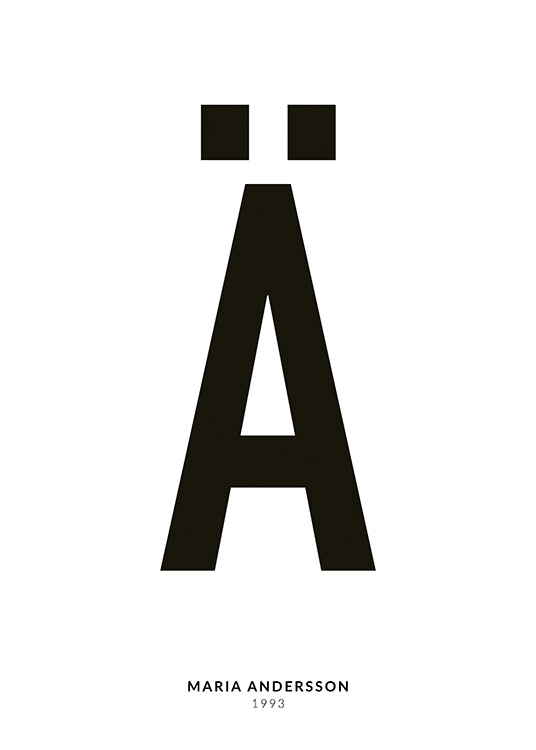 – Minimalistisches Typografieposter mit dem Buchstaben Ä und kleinerem Text darunter auf weißem Hintergrund