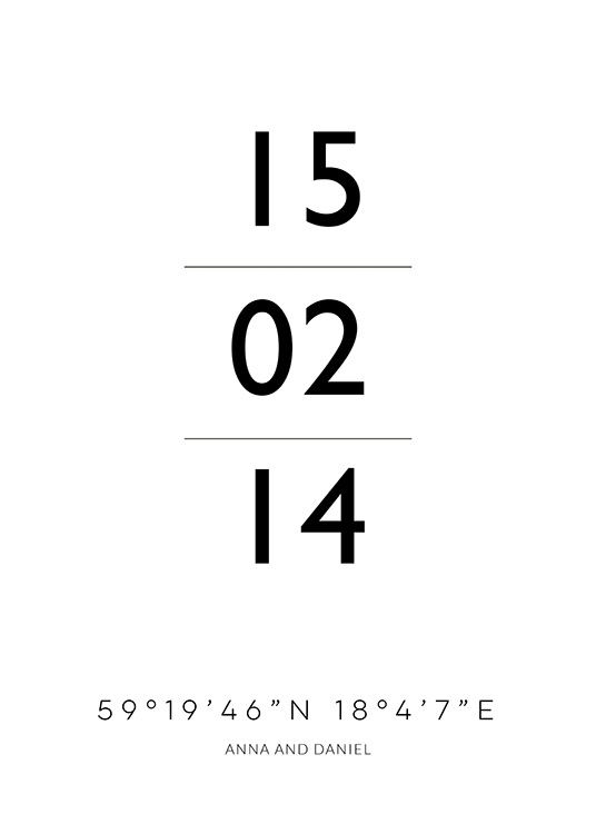  – Typografieposter mit schwarzen Datumsangaben und Koordinaten vor einem weißen Hintergrund