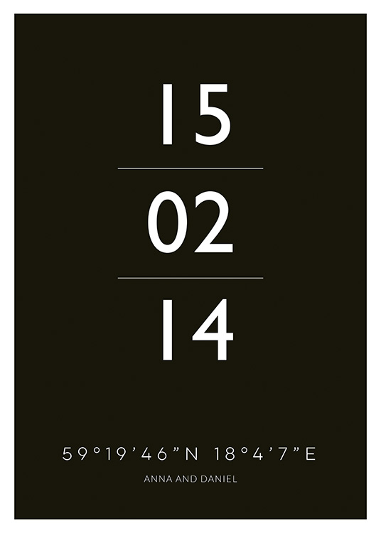  – Typografieposter mit weißen Datumsangaben und Koordinaten vor einem schwarzen Hintergrund