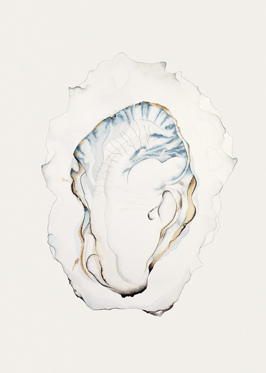 Aquarellposter mit einer Auster in Grau mit blauen Details in der Mitte. Die Künstlerin hat berichtet, dass dieses Bild in einer empfindlicheren Phase entstanden ist: Die weichen, fast verschwindenden Konturen in diesem Motiv erinnern an Zeiten im Leben, in denen wir uns einfach nur weich und zerbrechlich fühlen. <br><br>Künstlerin: Caroline Lundqvist