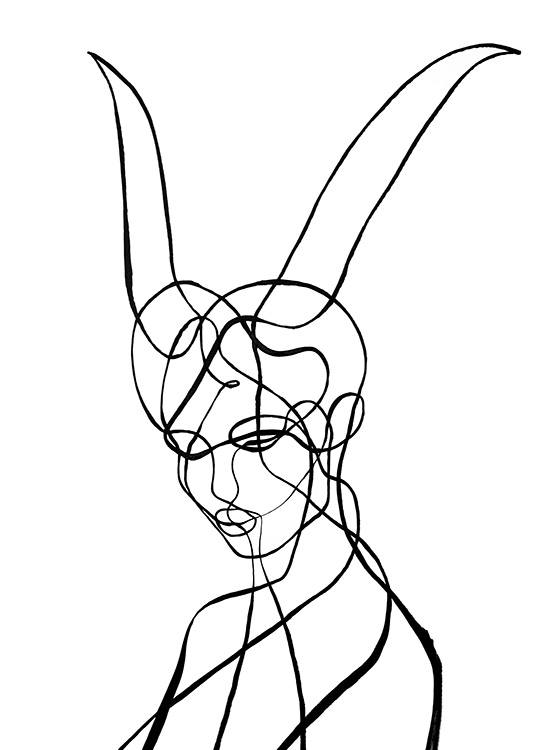  – Illustration einer Frau mit Hörnern in Line-Art, inspiriert vom Sternzeichen Steinbock