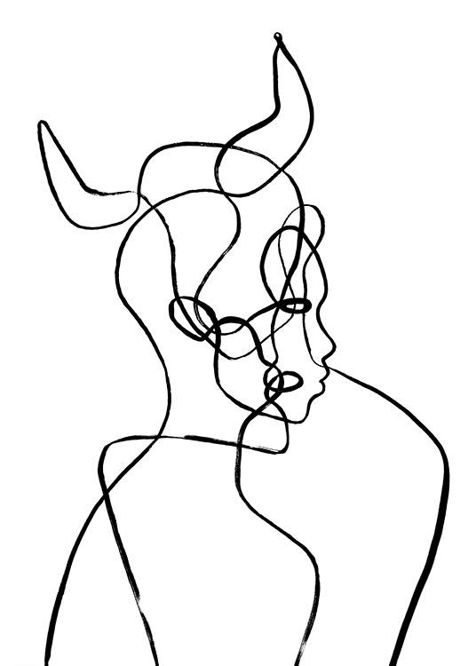  – Illustration mit einem Kopf mit Hörnern in Line-Art, inspiriert vom Sternzeichen Stier