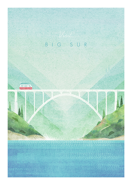  – Illustration einer blauen und grünen Landschaft mit weißer Brücke
