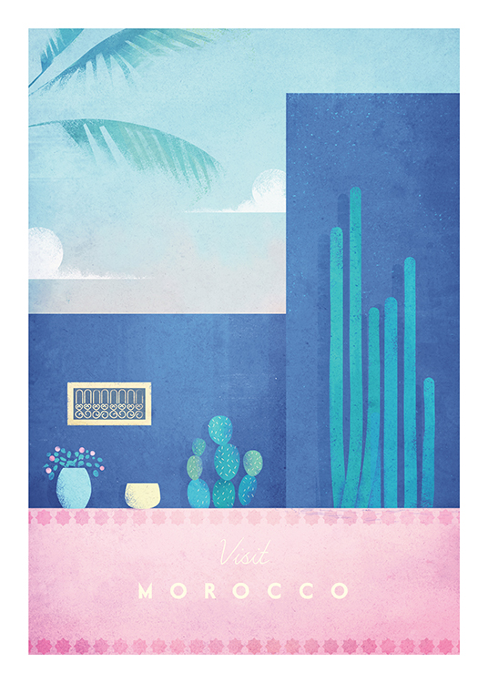  – Illustration eines Gebäudes in Rosa und Blau mit Pflanzen und Kakteen