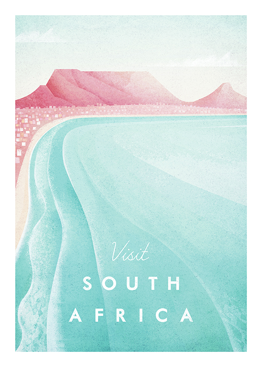  – Illustration mit rosa Bergen, einem rosa Strand und einem blauen Ozean im Vordergrund